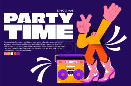 Illustration for Funny cartoon retro party poster in groovy style. Hippie acid 90s elements, characters, stickers, vector square psychedelic disco posters - Royalty Free Image