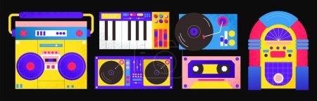 Illustration for Vector retro music players in 90s style.Groovy hippie cartoon illustration - Royalty Free Image