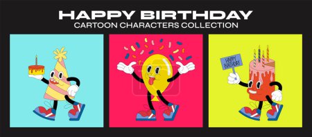 Téléchargez les illustrations : Jeu vectoriel de personnages de dessins animés joyeux anniversaire - en licence libre de droit