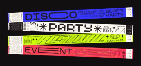 Illustration for Control ticket bracelets for events, disco, festival, fan zone, party, staff. Vector mockup of a festival bracelet in a futuristic style - Royalty Free Image