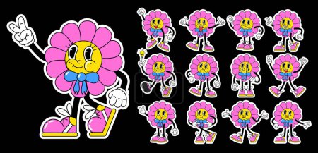 Cartoon retro character mascot flower and hands in gloves. Stickers with a cute and funny character in the style of the 90s. Helper vector set