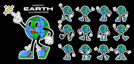 Cartoon retro character planet earth mascot, and gloved hands. Stickers with a cute and happy character, 90s style. Helper vector set
