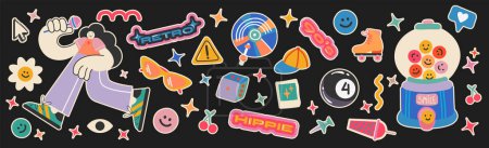 Illustration for Cartoon retro stickers 90s elements. Abstract cool doodle characters, comic vector patches and stamps - Royalty Free Image