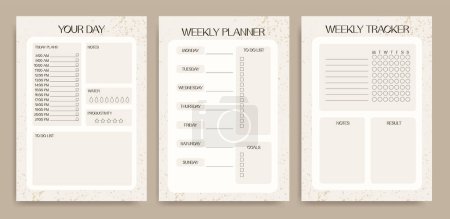 Illustration for Collection of holiday, daily, holiday planners, note paper, to do lists, sticker templates decorated with textures and trendy lettering. Fashion planner or organizer. - Royalty Free Image