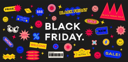 Illustration for Collection of various patches, labels, tags, stickers, stamps for shopping. Black Friday, discounts, new collection. Vector set, trendy promo labels - Royalty Free Image