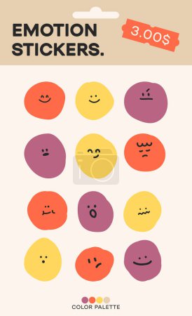 Illustration for Collection of stickers with emoticons. Round abstract comic faces with different emotions. Smile icon vector. Funny vector illustration. Flat design - Royalty Free Image