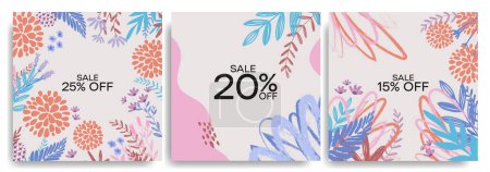 Illustration for Collection of posters with big discounts. flowers and various botanical elements. Black Friday, promotions, high interest. 15% off, 20% off, 25% off - Royalty Free Image