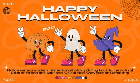 Illustration for Funny halloween cartoon character. fashion poster. Vector illustration of boo ghost in 90s style. Set of comic elements in trendy retro cartoon style. - Royalty Free Image