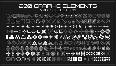 Ilustración de Elementos futuristas retro Y2K para el diseño. Gran colección de símbolos geométricos gráficos abstractos y objetos. Plantillas para notas, carteles, pancartas, pegatinas, tarjetas de visita, logotipo - Imagen libre de derechos