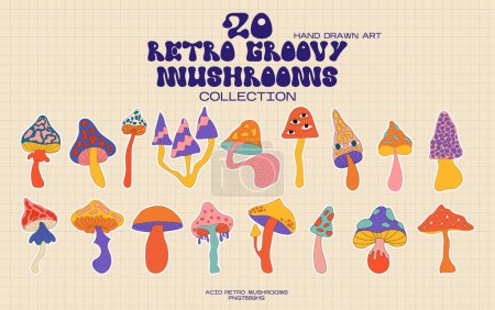 Illustration for Set of colorful stickers mushrooms, vector illustration. - Royalty Free Image