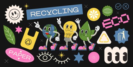 Illustration for Collection of various eco patches recycling, labels, tags, stickers, stamps. Funky hipster stickers in 90s style. Vector set, trendy promo labels - Royalty Free Image