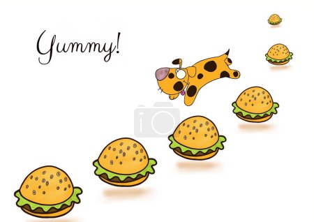 Foto de Divertido perro saltando sobre hamburguesas, texto YUMMY, fondo claro - Imagen libre de derechos