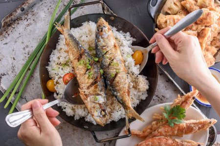 Crispy Delight: Deep Fried Fish over Fluffy White Steamed Rice in 4K Close-Up
