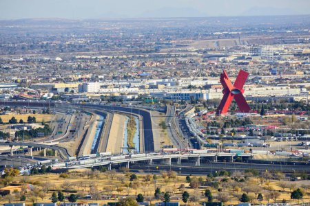 Photo for Crossing Borders: Aerial 4K View of USA-Mexico International Border Crossing Bridge in El Paso, Texas, under a Cloudy Sky - Royalty Free Image