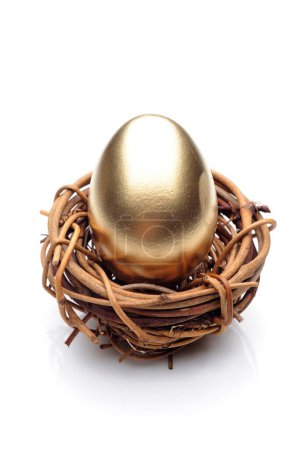 Foto de Primer plano del huevo de oro en el nido sobre fondo blanco - imagen 4K - Imagen libre de derechos