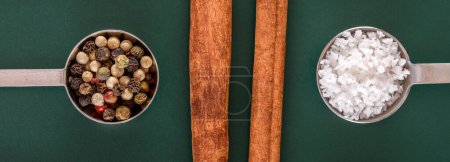 Spice Harmony: 4K Ultra HD Image of White Salt and Black Chili Seeds in Spoon on Green Background