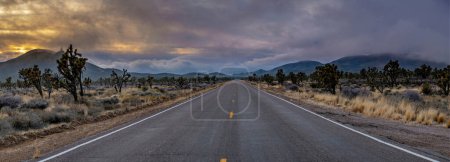 Desert Serenity: 4K Ultra-HD-Bild der Wüstenstraße, die zum Seeufer mit Wolken bei Sonnenuntergang führt