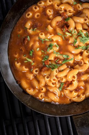 Homestyle Favorite: Scrumptious 4K Ultra HD View of Chili Macaroni in Steel Pan
