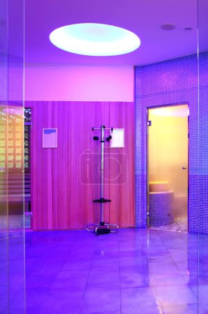 Oasis de détente : Centre de spa avec bains, saunas et éclairage multicolore (Image 4K)