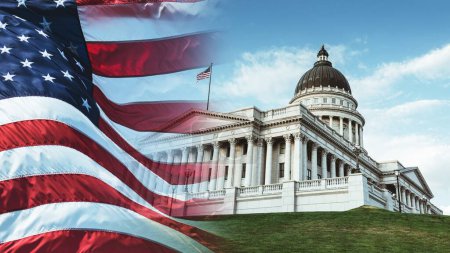 Architekturwunder: Flachbild des Kapitols des Bundesstaates Salt Lake City mit USA-Flagge in 4K Ultra HD