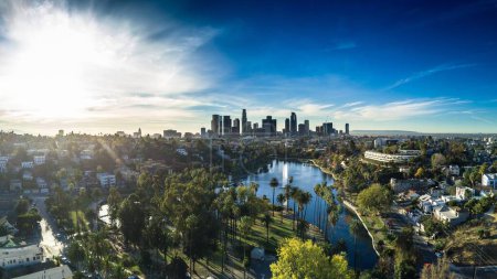 4K Ultra HD Drone image: Echo Park Lake and Trendy Neighborhood in Los Angeles
