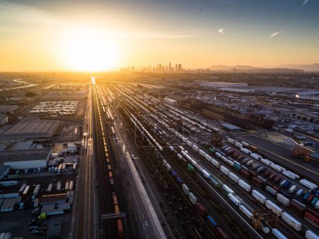4K Ultra HD Image: Aerial Shot of Intermodal Train and Trucking Distribution Yard in Vernon, California