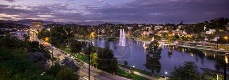 4K Ultra HD Drone image: Echo Park Lake Pedal Boats with Downtown LA Skyline at Night