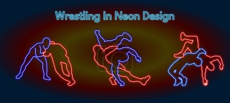 Illustration for Silhouettes of wrestlers during a duel in neon design - Royalty Free Image