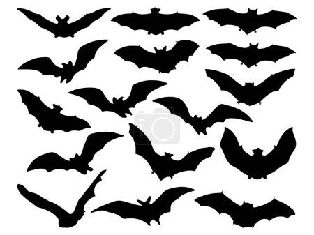 Téléchargez les illustrations : Set art vectoriel silhouette chauves-souris sur fond blanc - en licence libre de droit