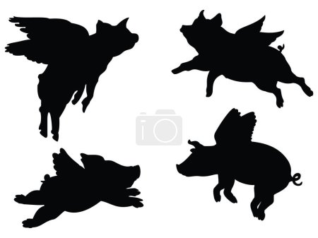 Téléchargez les illustrations : Ensemble d'art vectoriel de silhouette de cochons volants - en licence libre de droit
