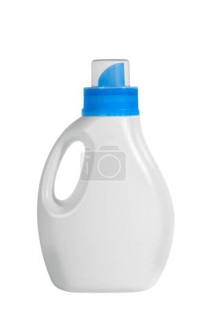 Foto de Botella de plástico blanco tapa azul aislada en blanco. Botella con detergente. Concepto de limpieza. - Imagen libre de derechos