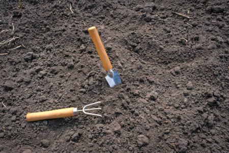 Photo for Garden tools on unpaved ground. Garden work. Spring garden concept. - Royalty Free Image