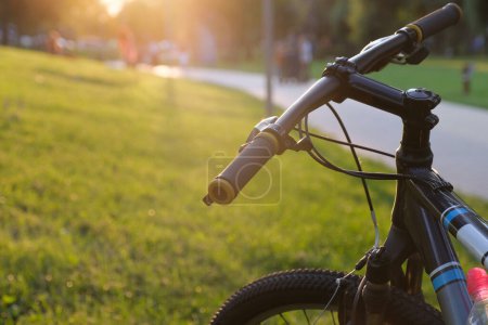 Vélo dans le parc de la ville au coucher du soleil. Mode de vie actif.