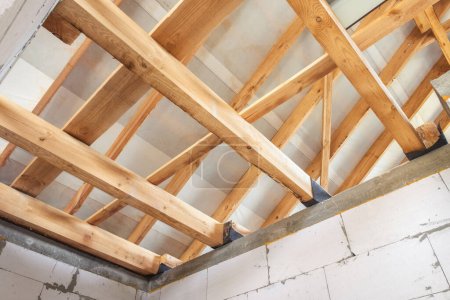 Photo for Construction of a new wooden roof. Inside view, Wooden structure. - Royalty Free Image
