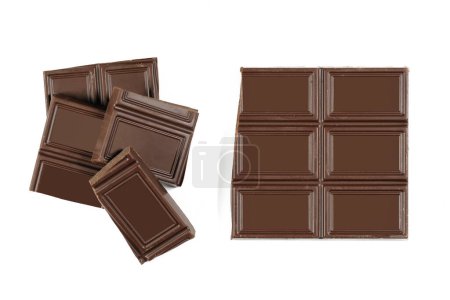Black broken chocolate isolated on white. View from above.