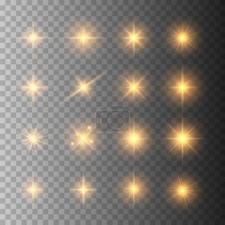 Illustration for Gold color shining star collection. Vector flashing lights set - Royalty Free Image