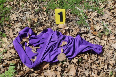 Foto de Marcador de escena del crimen y camisa púrpura - Imagen libre de derechos