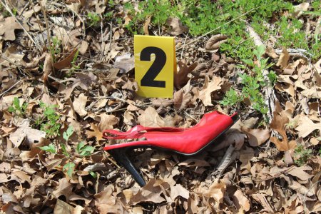 Foto de Marcador de escena del crimen y zapato rojo de mujer - Imagen libre de derechos