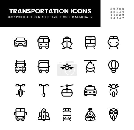Téléchargez les illustrations : Icônes de transport réglées en 32 x 32 pixels parfait avec course modifiable - en licence libre de droit
