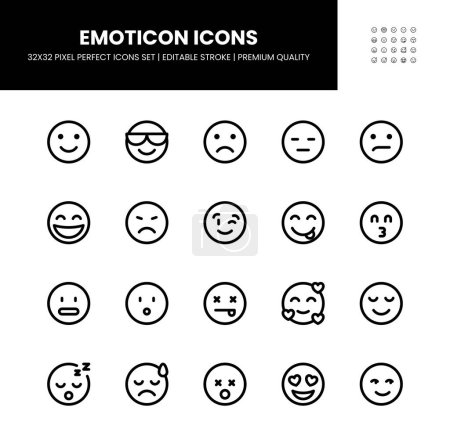Téléchargez les illustrations : Icônes Emoji / Emoticon simples avec trait modifiable en 32 x 32 pixels parfait - Qualité Premium - en licence libre de droit