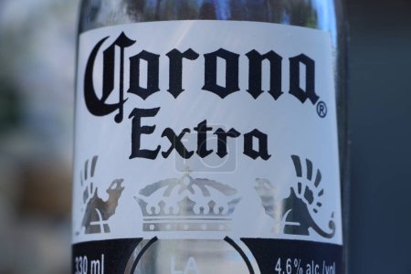 Foto de Corona botella extra cerca marco central azul y blanco con fondo borroso - Imagen libre de derechos
