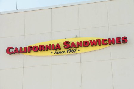 Photo for California sandwiches since 1967 storefront restaurant logo on wall, close up - Royalty Free Image