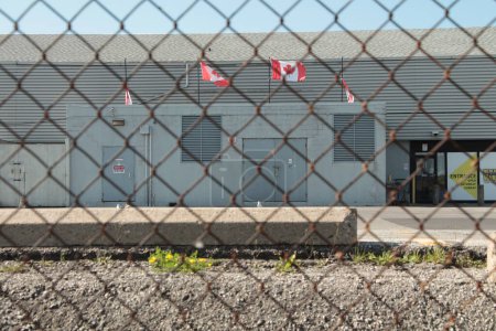 Téléchargez les photos : Quatre drapeaux canadiens du Canada les uns à côté des autres depuis le toit avec un mur bleu, aucun d'entre eux agitant - en image libre de droit