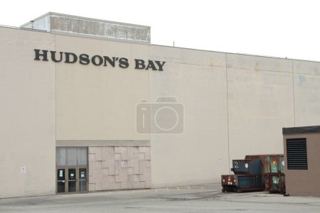 hudsons bay department store back entrance with doors and sign logo on wall