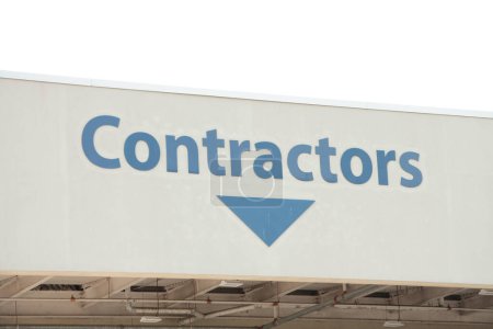 Photo for Contractors word writing caption text sign in blue with arrow pointing down on roof ceiling rain cover facade in summer daytime - Royalty Free Image