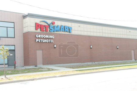 Photo for Petsmart grooming petshotel sign logo with door below on back of store with road street in front in summer - Royalty Free Image