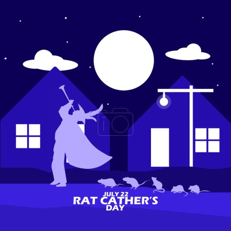 Illustration for A trumpeter followed by rats in the streets at night with a full moon and bold text to commemorate National Rat Cacher's Day on July 22 - Royalty Free Image