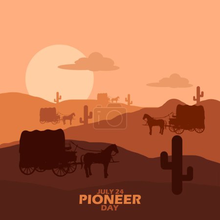 Téléchargez les illustrations : Plusieurs charrettes à chevaux Pioneer dans un désert avec des cactus au coucher du soleil et un texte audacieux pour commémorer la Journée des pionniers le 24 juillet - en licence libre de droit