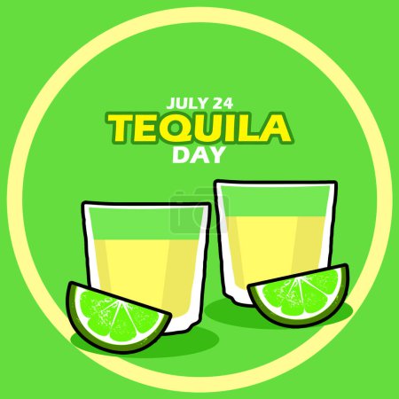 Ilustración de Dos vasos de Tequila con cítricos en rodajas con texto en negrita en marco sobre fondo verde para celebrar el Día Nacional del Tequila el 24 de julio - Imagen libre de derechos