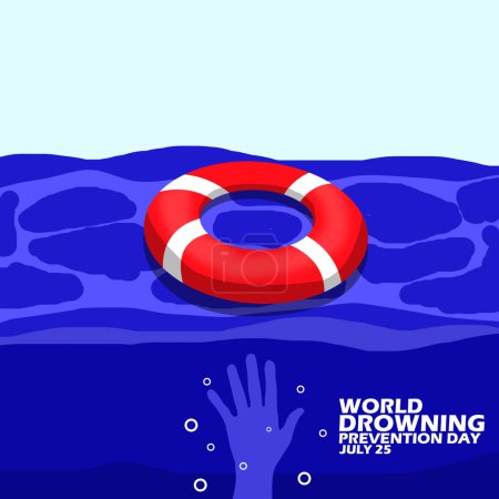 Une bouée de sauvetage qui flotte au-dessus d'une personne qui se noie et un texte audacieux pour commémorer la Journée mondiale de prévention de la noyade le 25 juillet